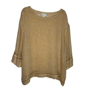 J Jill Pure Jill Linen Womens Size Large Petite Tan Blouse Top 3/4 Sleeves Boxy